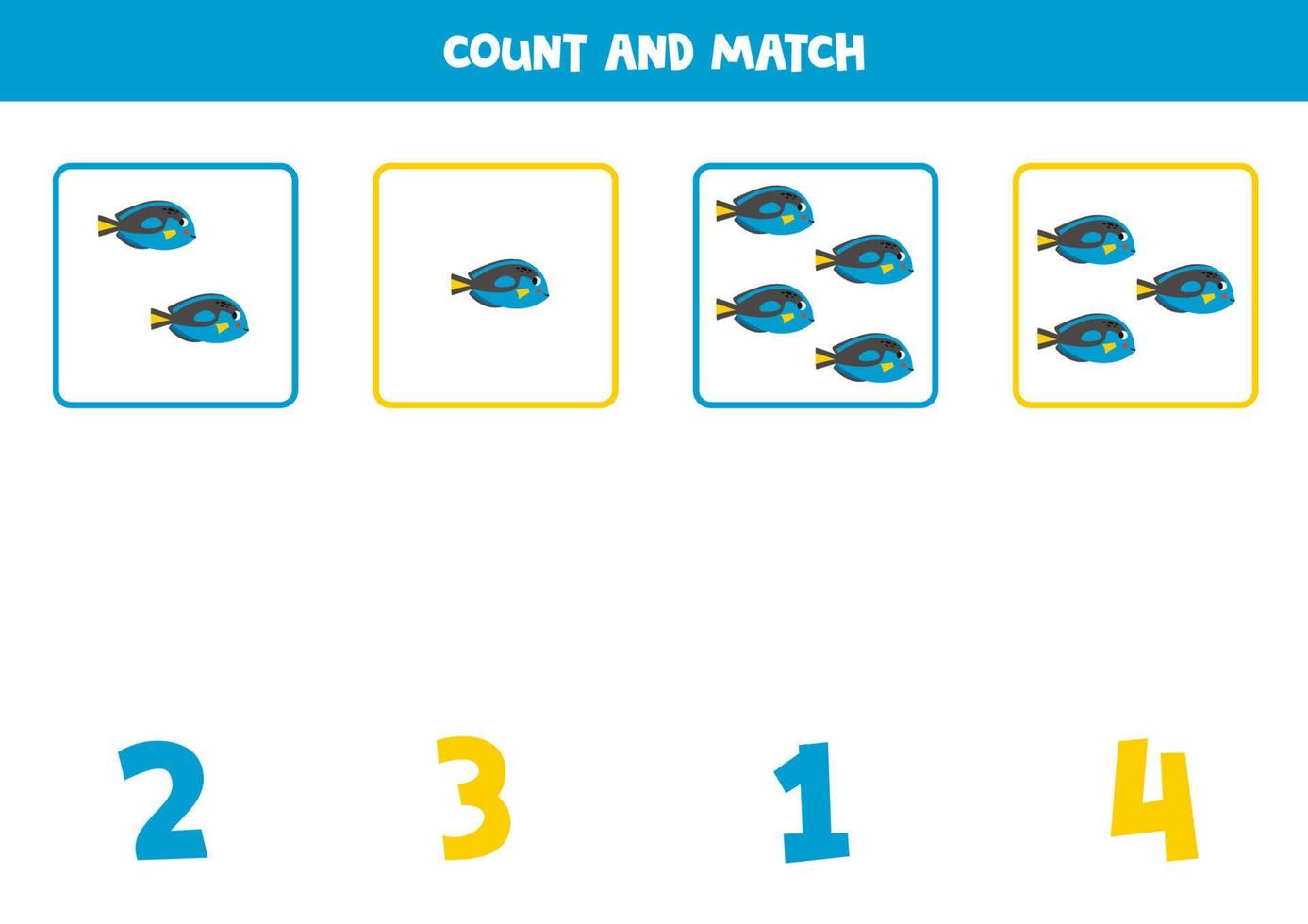 räkning spel för ungar. räkna Allt blå tang fisk och match med tal. kalkylblad för barn. vektor