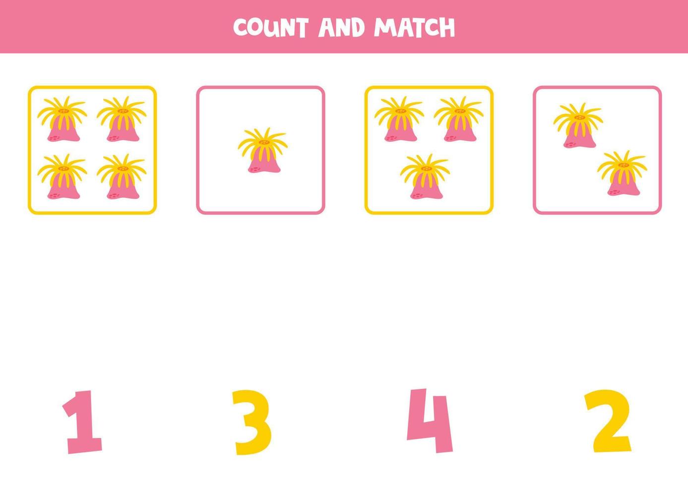 räkning spel för ungar. räkna Allt hav anemon och match med tal. kalkylblad för barn. vektor