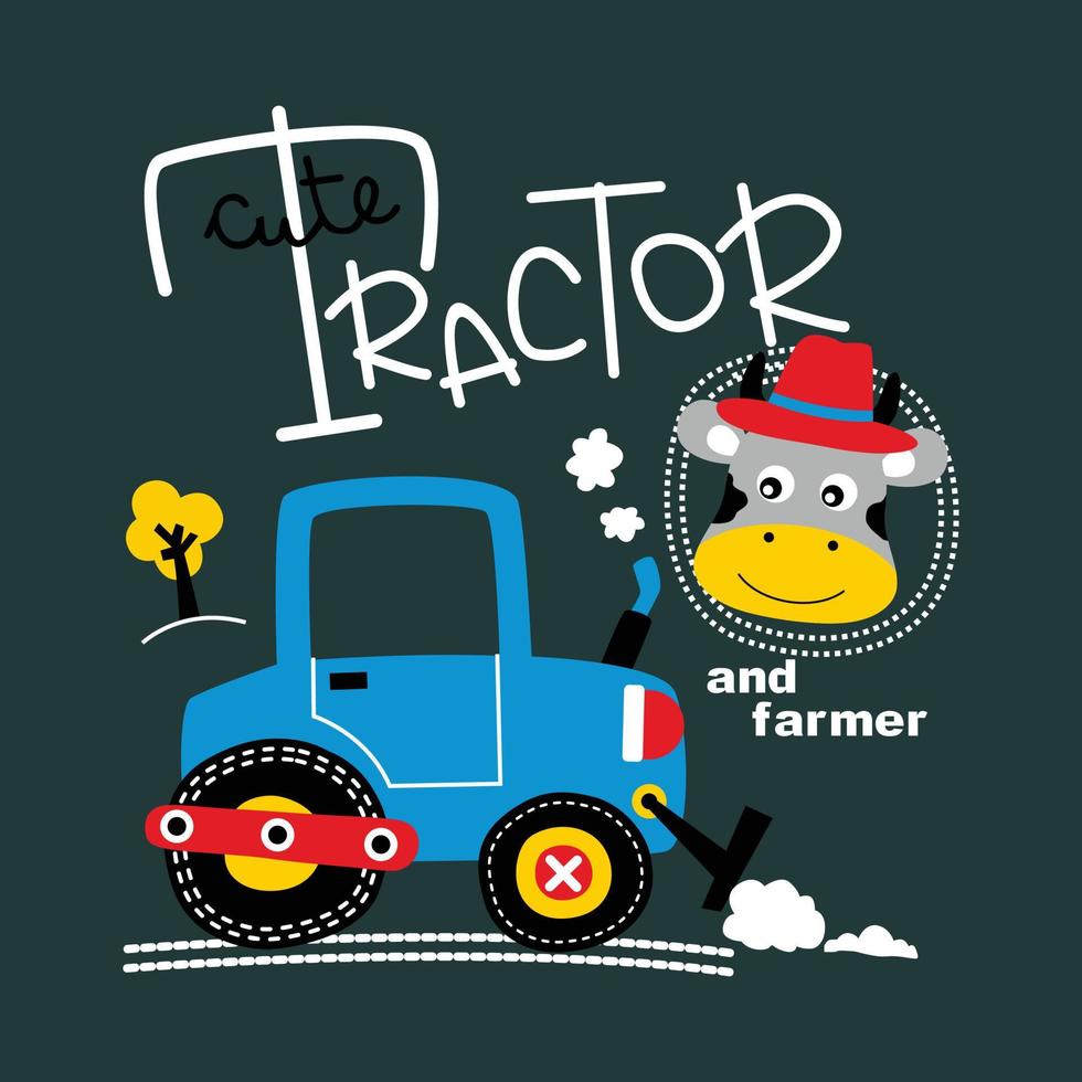 söt traktor och ko rolig djur- tecknad serie vektor