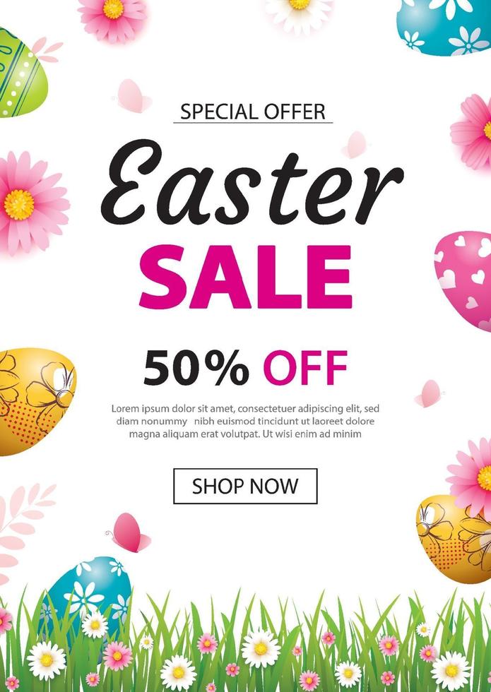 Ostern Verkauf Banner Design-Vorlage mit bunten Eiern und Blumen. Verwendung für Werbung, Flyer, Poster, Broschüre, Gutscheinrabatt. vektor