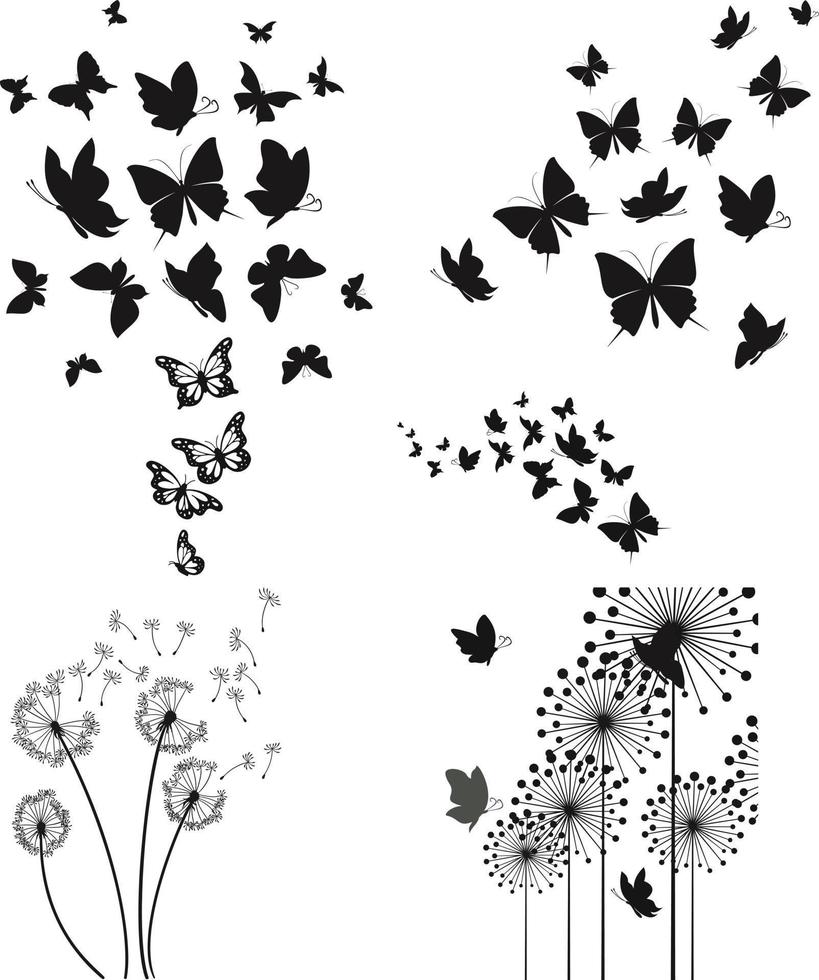 schwarz und Weiß Blumen Monarch Schmetterling Silhouetten Sammlung, Vektor Illustration isoliert auf Weiß Hintergrund