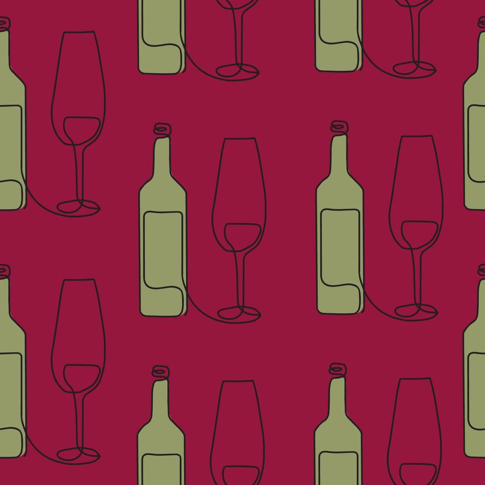 sömlös mönster. vektor illustration av en vin flaska och en glas. teckning i ett linje