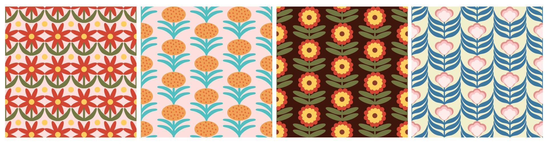uppsättning av retro blommig mönster. 70s skraj design samling med geometrisk blommor. häftig mitten århundrade scandi sömlös vektor textur för tyg design, textil- skriva ut, omslag, omslag