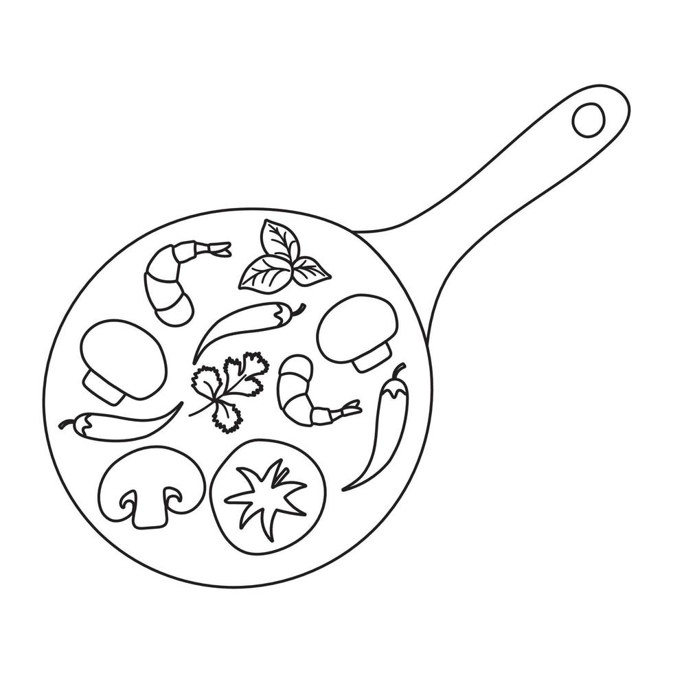 Zutaten für Wokpfanne. Vektor-Doodle flache asiatische Wok-Symbole gesetzt. gemüse mit meeresfrüchten für die menügestaltung. vektor