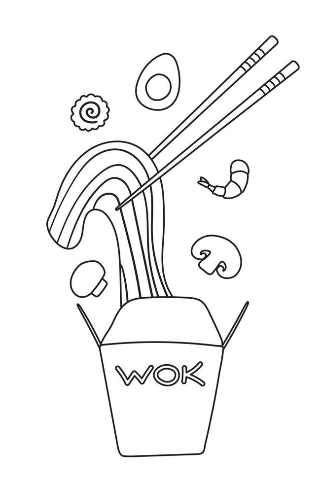 spaghetti med traditionell Ingredienser i en wok låda. vektor illustration i klotter platt stil.