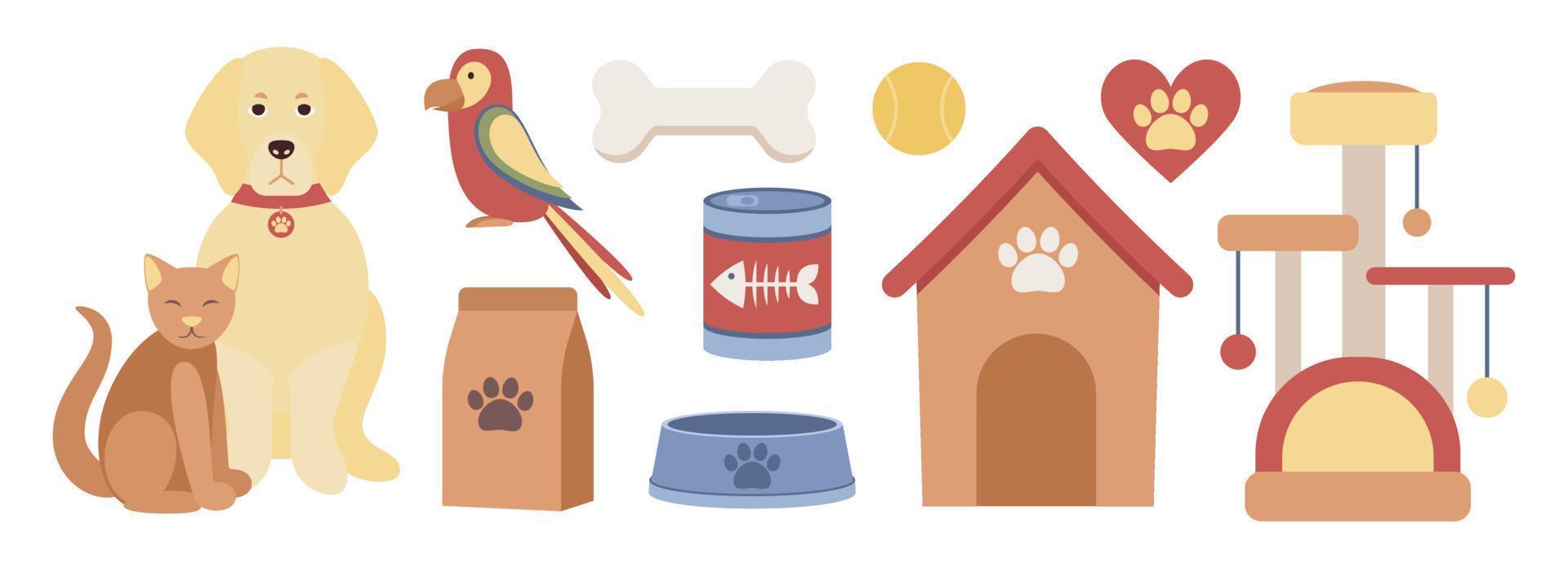 Haustier Geschäft Symbol Satz. Haustier Essen, Haustier Möbel, Katze Turm und Kratzen Post, Hund Haus, Papagei, Hund und Katze und Haustier Lieferungen. Vektor eben Illustration