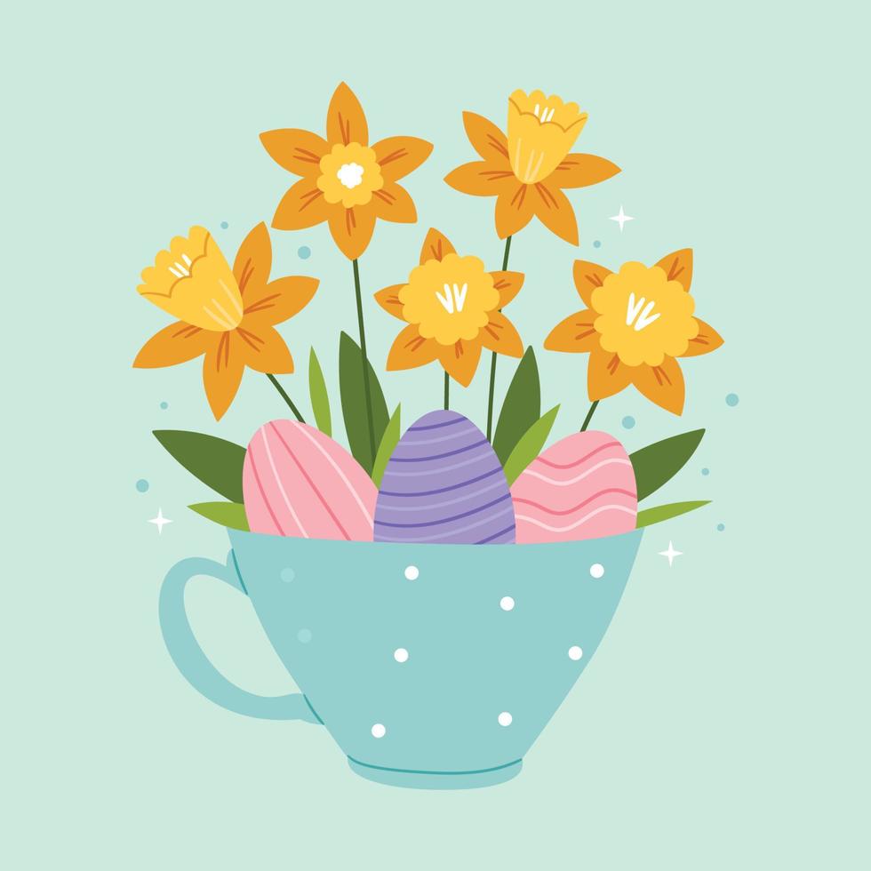 Frühling Blumen Narzissen im ein Tasse mit Ostern eier.ostern Karte. glücklich Ostern. süß Frühling Illustration. vektor