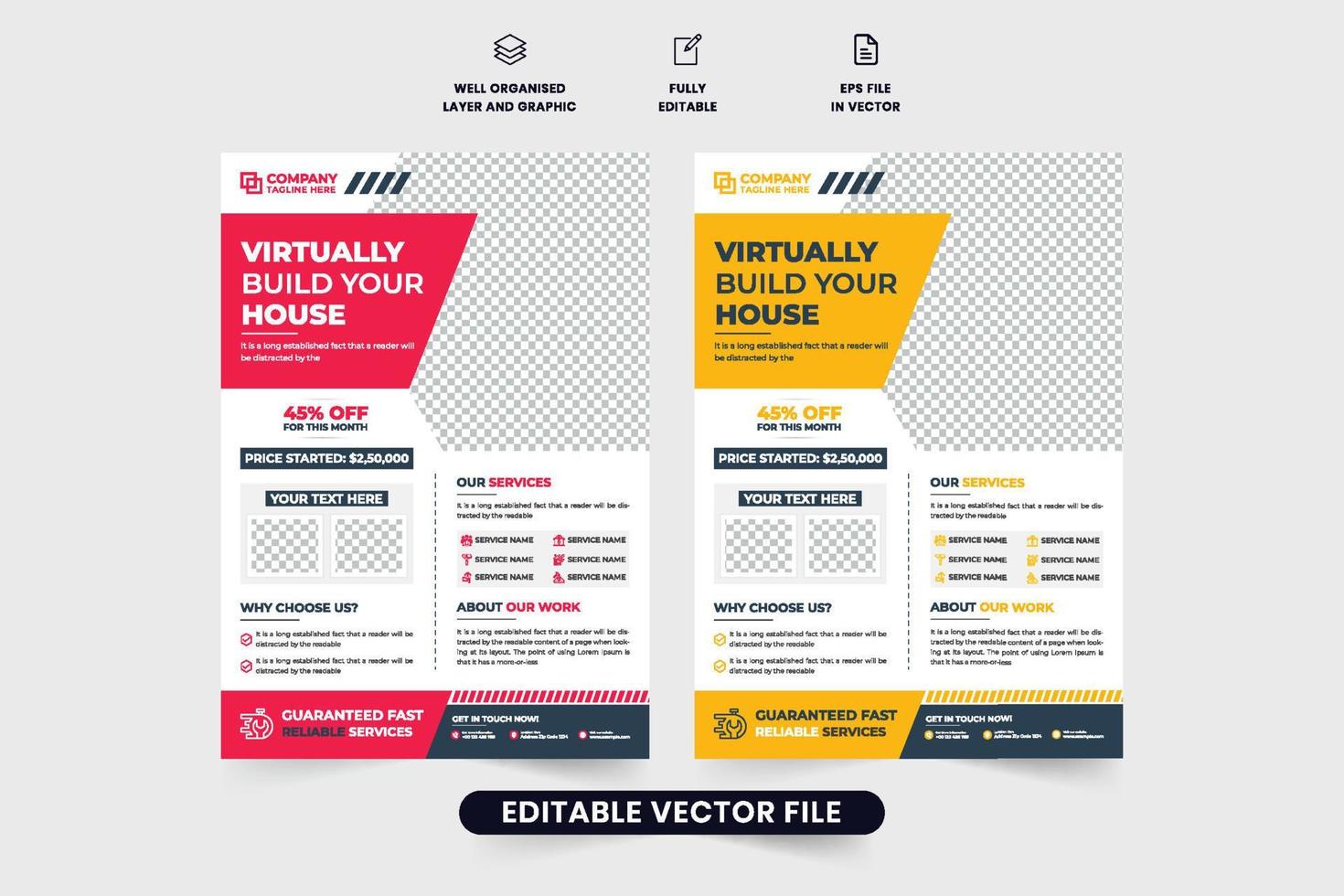 Hem framställning företag flygblad layout design för marknadsföring. hus underhåll och reparera service PR webb baner och affisch vektor med röd och gul färger. verklig egendom Hem konstruktion företag