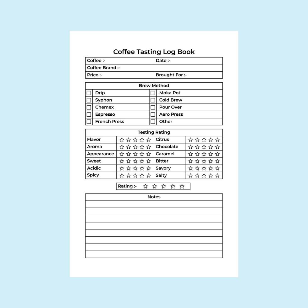 Kaffee testen Log Buch Innere. Kaffee Qualität und Geschmack Tracker Tagebuch Vorlage. Notizbuch Innere. Kaffee Geschmack Bewertung und brauen Anweisung Logbuch Innere. vektor