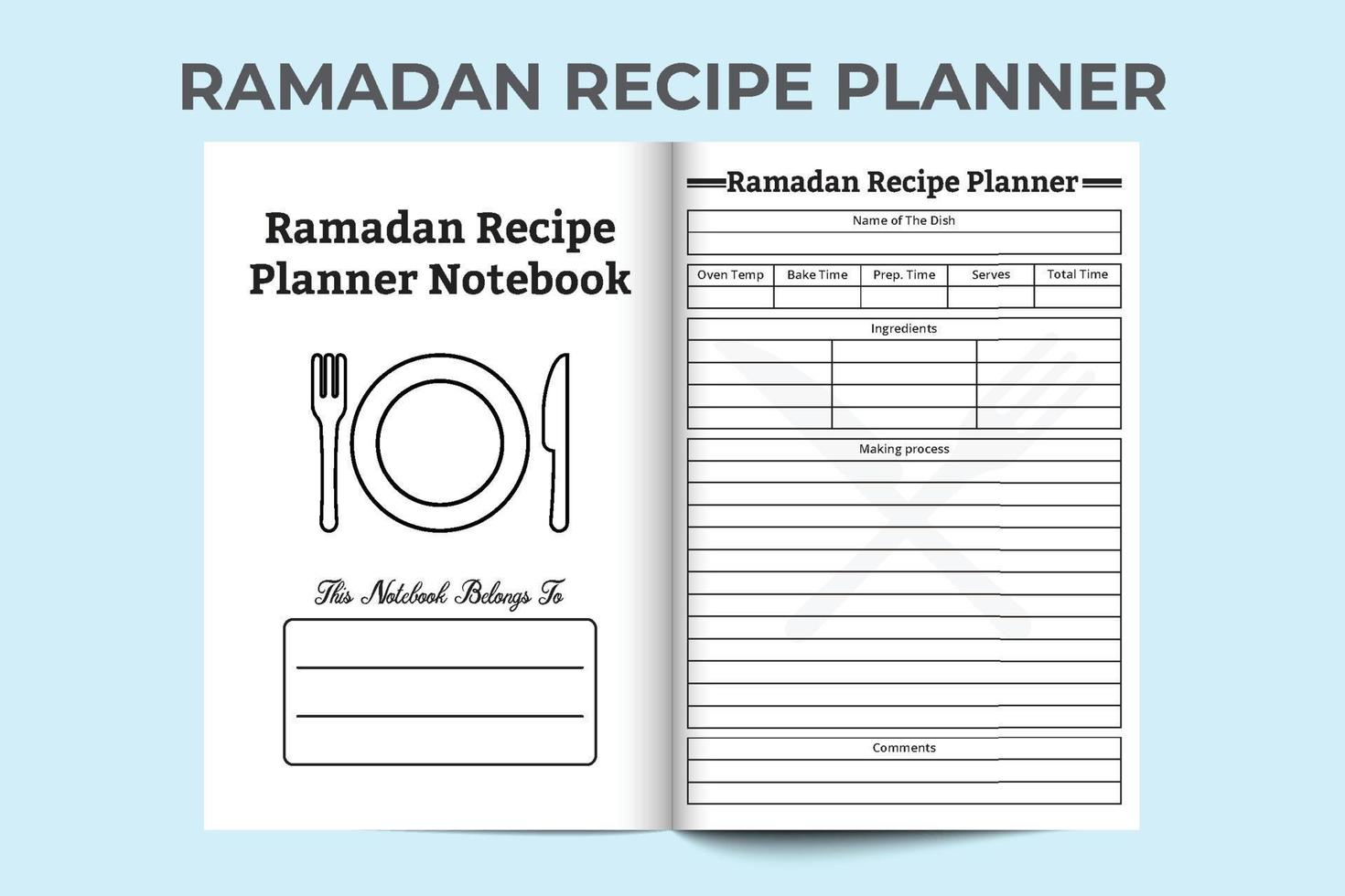 ramadan särskild recept planerare och mat tracker interiör vektor. recept anteckningsbok mall design för muslim festival. ramadan särskild meny planerare tidning. logga bok interiör vektor. vektor