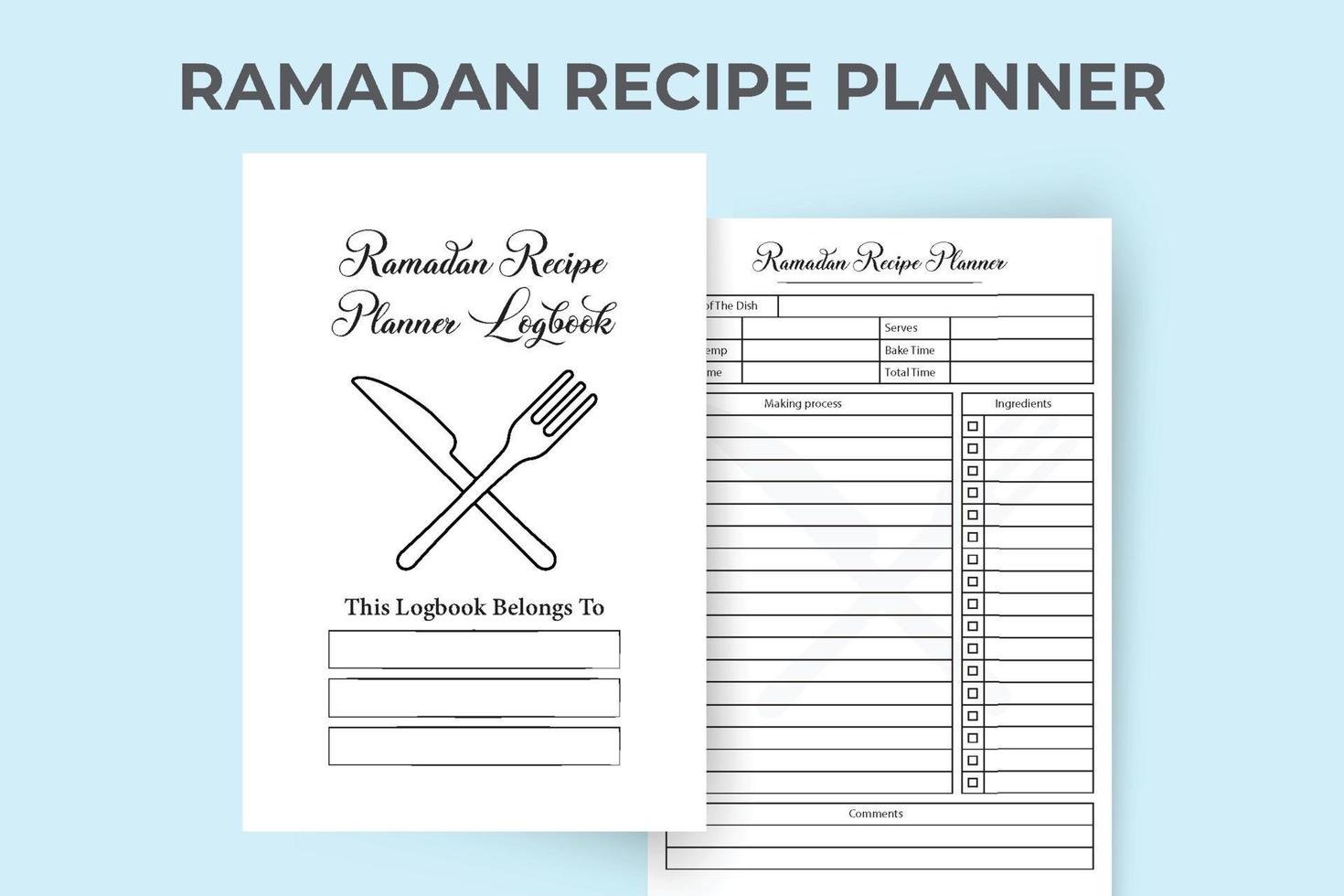 Rezept Notizbuch zum Ramadan Festival. Ramadan Mahlzeit und Essen Rezept Tracker Innere mit das Checkliste. Muslim Festival Rezept Log Buch Vorlage Vektor. Besondere Rezept Tagebuch Innere. vektor