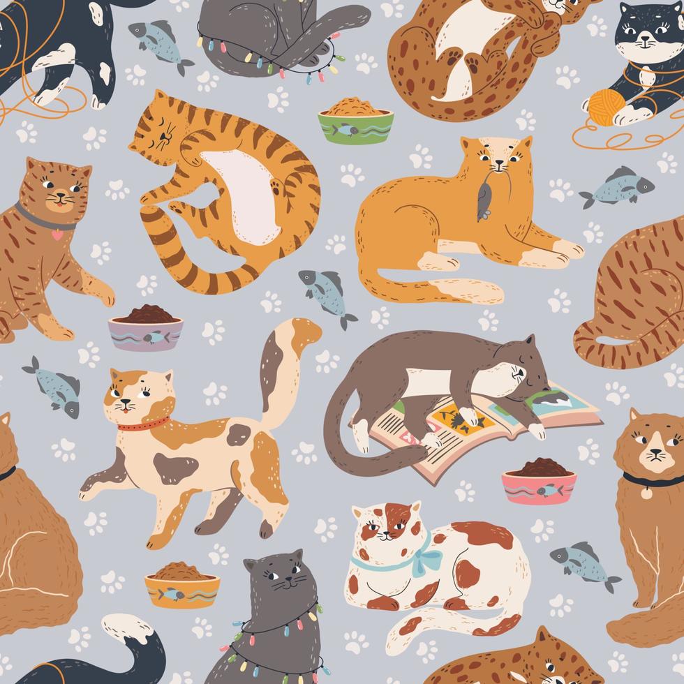 katter sömlös mönster. söt katt sovande, spelar med leksaker, Sammanträde. tecknad serie sällskapsdjur djur- bakgrund med rolig kattungar vektor textur