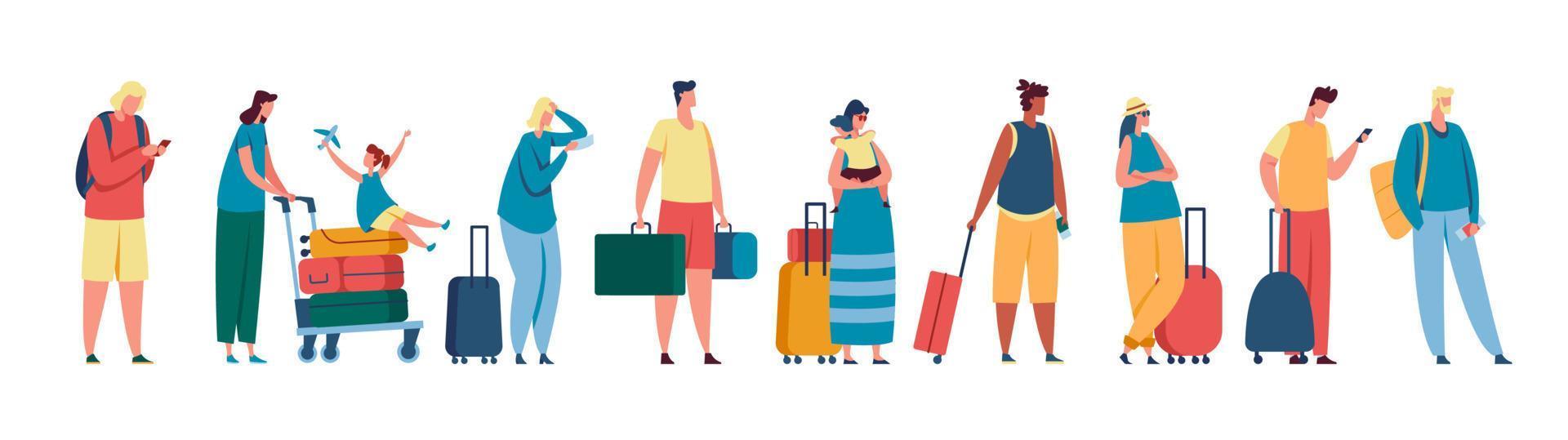 turist kö. män och kvinnor stående i linje på flygplats kolla upp i terminal, registrering skrivbord. resenärer med resväskor, påsar vektor illustration