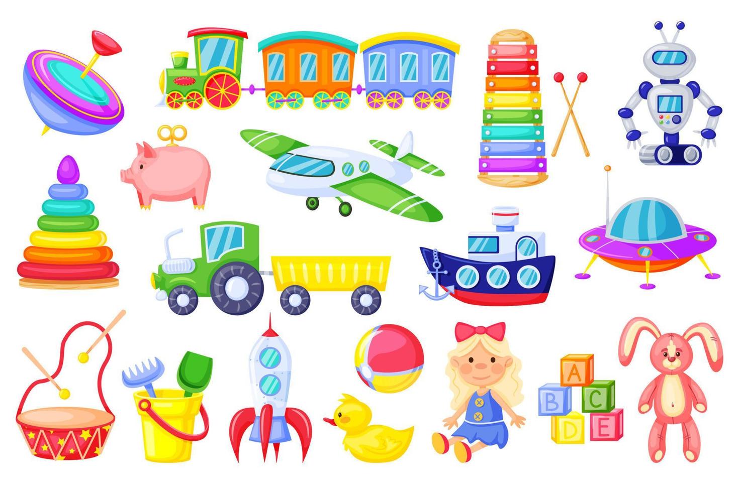 Kinder Spielzeuge. Karikatur Rakete, Schiff, Zug, süß Mädchen Puppe, Ente, Plüsch Hase, Alphabet Würfel. bunt Plastik Spielzeug zum Kleinkinder Vektor einstellen