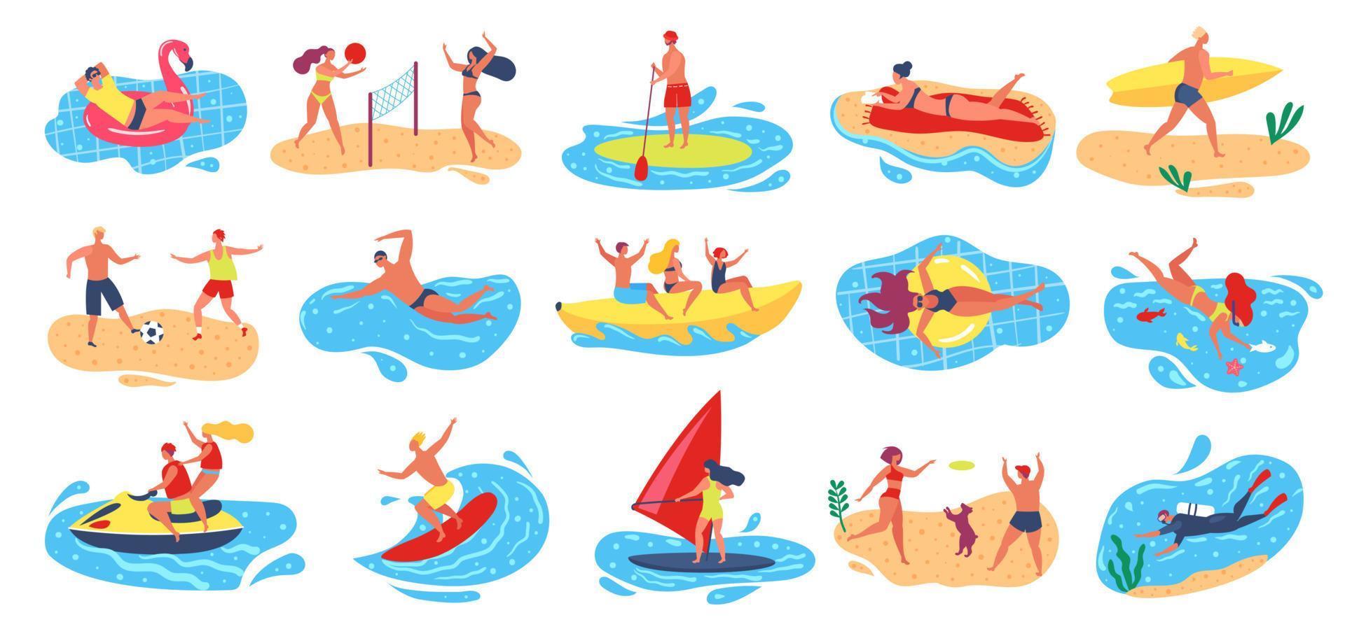 Strand Aktivitäten. aktiv Mann und Frau Surfen, Windsurfen, Baden, Tauchen Tauchen. Sommer- Ferien draussen Wasser Sport Aktivität Vektor einstellen