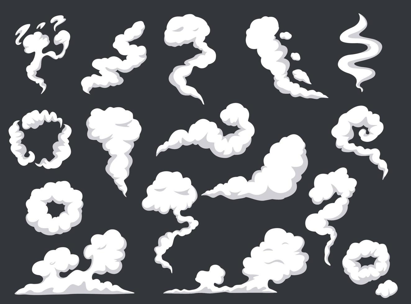 tecknad serie rök. komisk ånga moln, dimma, smog. gas ånga kul, explosion damm. dimma och moln brista, ångor eller ånga explodera effekt vektor uppsättning