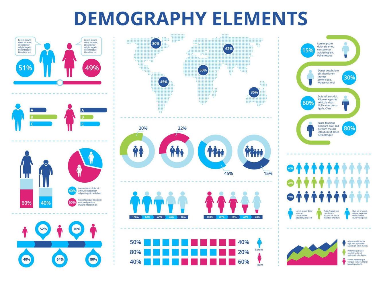 Population Infografik. Männer und Frauen demographisch Statistiken mit Kuchen Diagramme, Grafiken, Zeitlinien. Demographie Daten Vektor Information