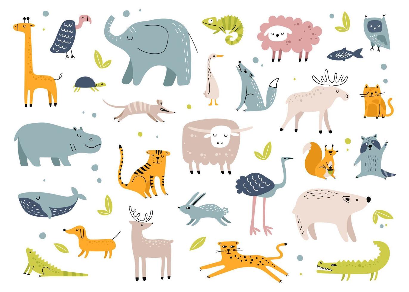 skandinavisch Tiere. süß Kaninchen, Elefant, Schildkröte, Tiger, Eule, Krokodil. kindisch Hand gezeichnet Tier Gekritzel zum Kindergarten, Kindergarten Vektor einstellen