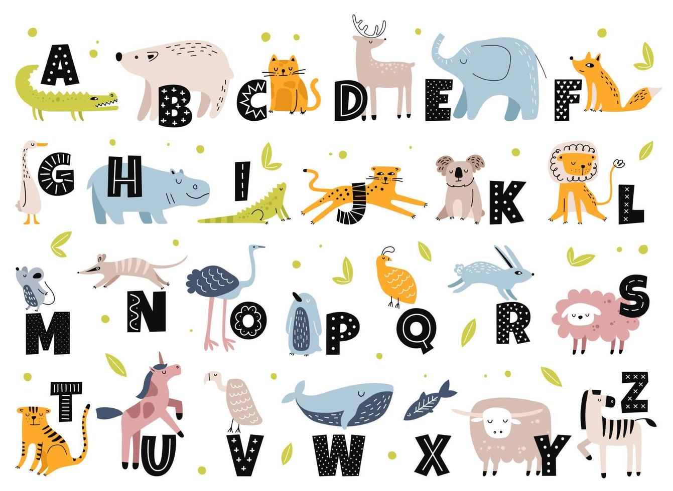 Tier Alphabet im skandinavisch Stil. süß Elefant, Fuchs, tragen, Einhorn. Hand gezeichnet Karikatur Tiere mit Briefe zum Kinder Bildung Vektor einstellen