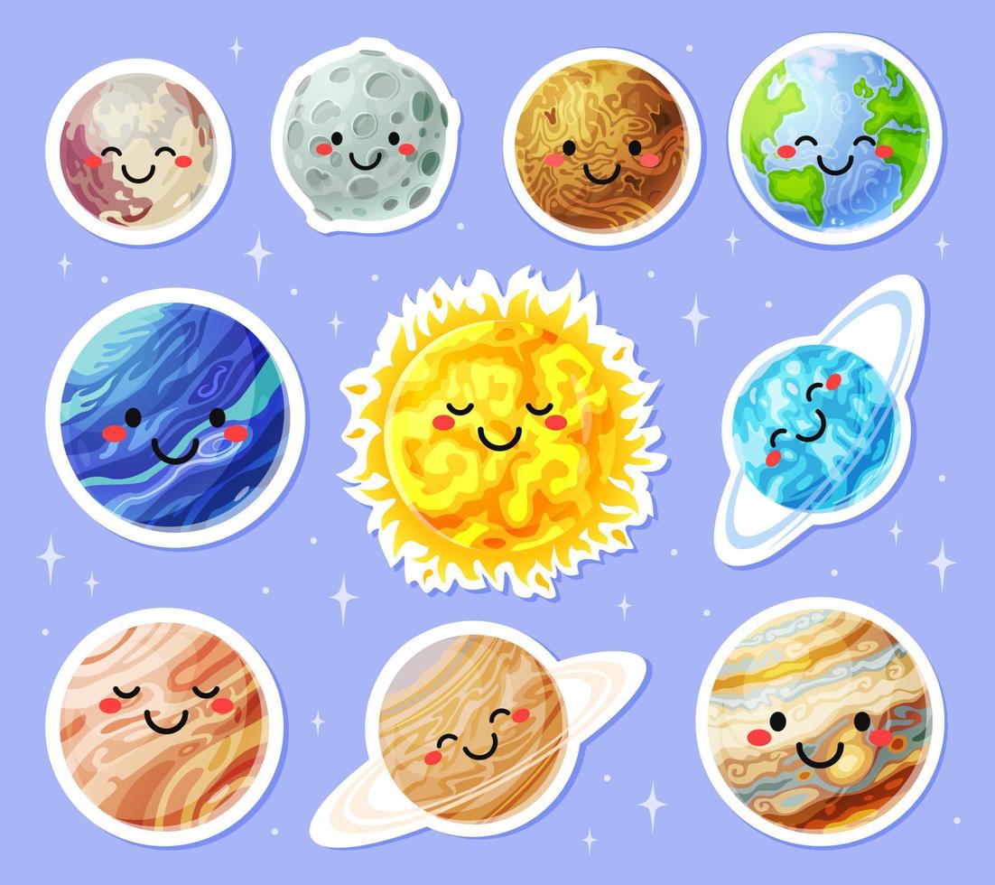 Planet Aufkleber. Karikatur Planeten mit süß Gesichter. Sonne, Erde, Mond, Mars Aufkleber. komisch Solar- System Planeten Zeichen zum Kinder Vektor einstellen