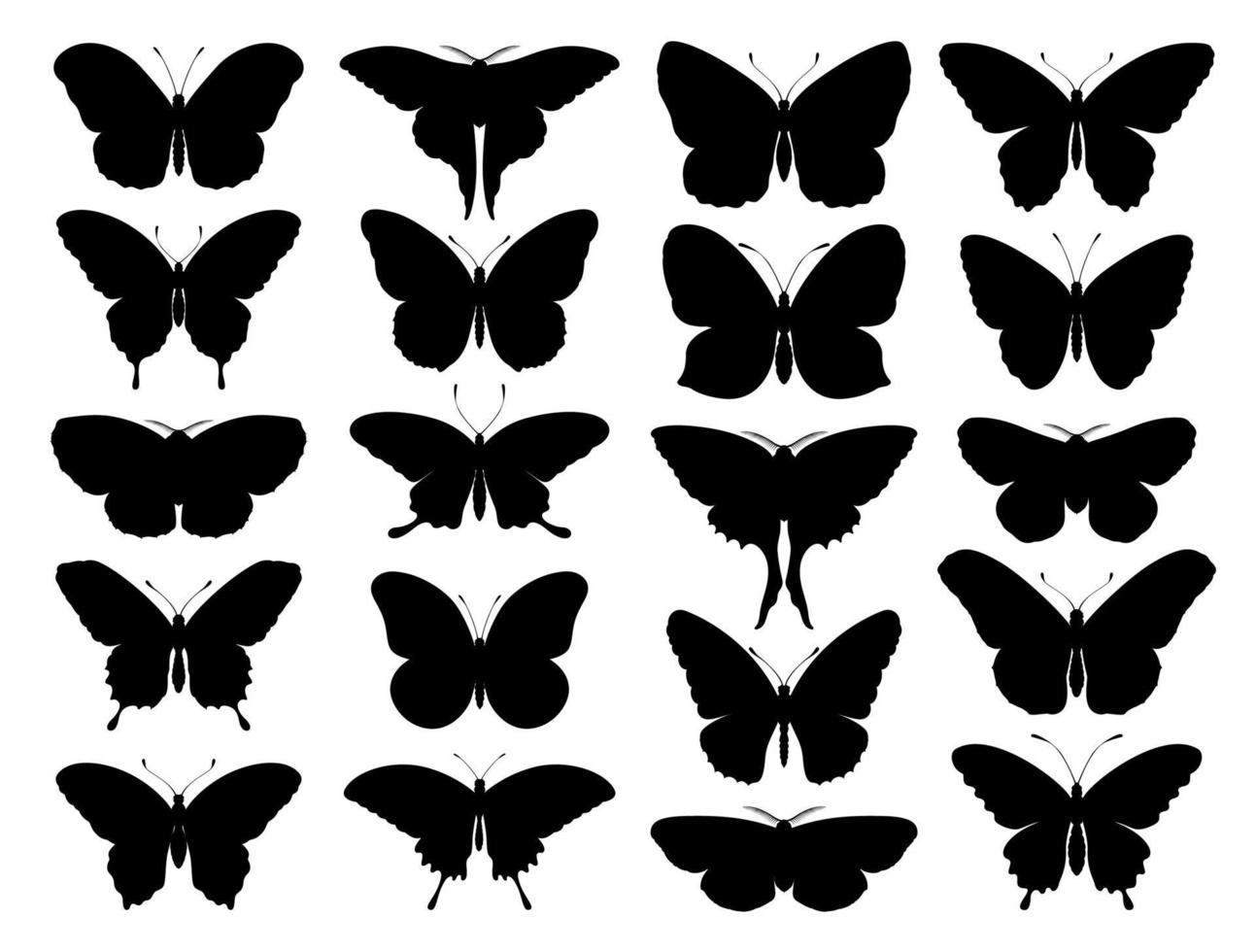 svart fjäril silhuetter. översikt fjärilar romantisk tatuering, tropisk insekter stencil. sommar och vår exotisk symboler isolerat vektor uppsättning