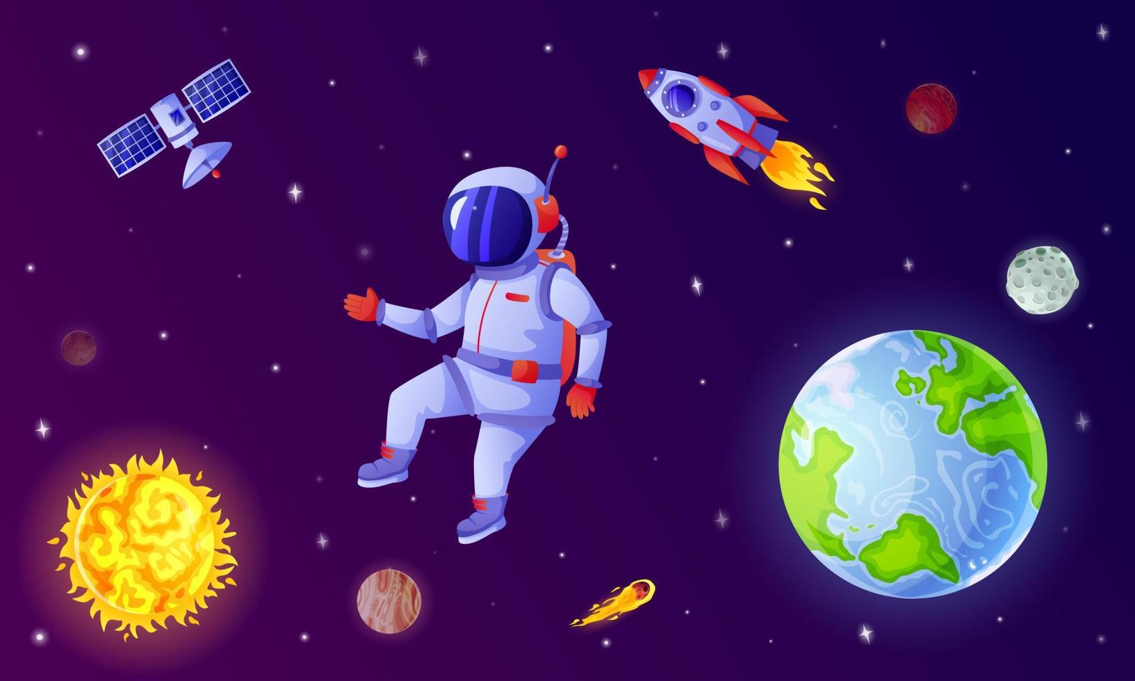 Astronaut im Raum. Kosmonaut fliegend im äußere Raum mit Rakete, Satellit, Planeten, Sterne. Astronaut auf Weltraumspaziergang Karikatur Vektor Illustration