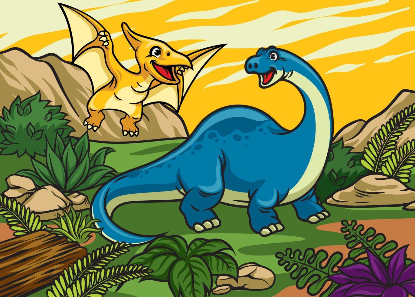 Lycklig glad tecknad serie av brontosaurier och pterodactyl vektor