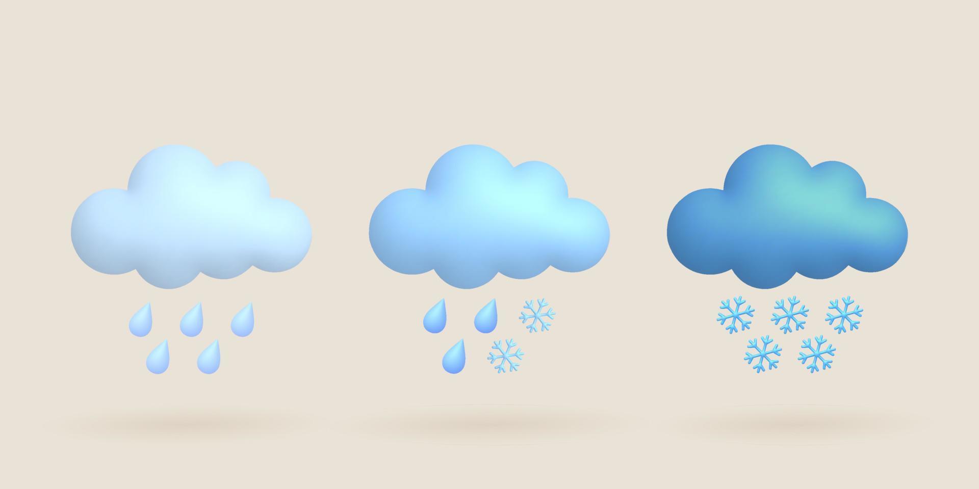 söt 3d tecknad serie väder ikoner uppsättning. moln, regn, snö, regn släppa, snöflinga. vektor illustration.