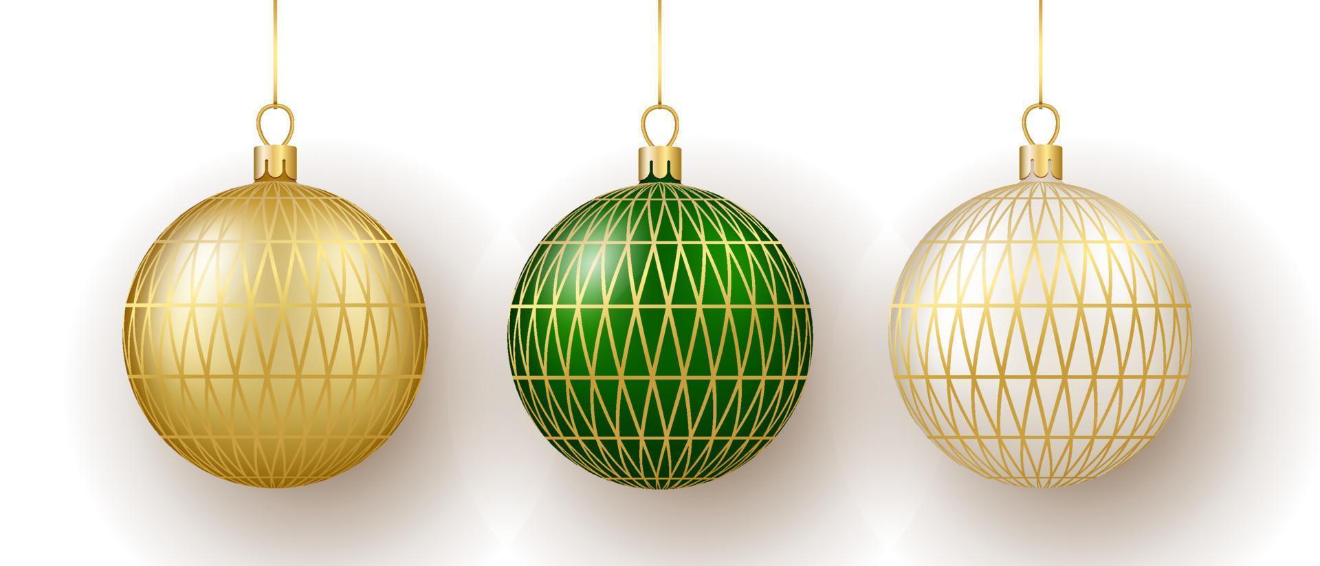 jul och ny år dekor. uppsättning av guld, vit och grön prydnad bollar på band. vektor