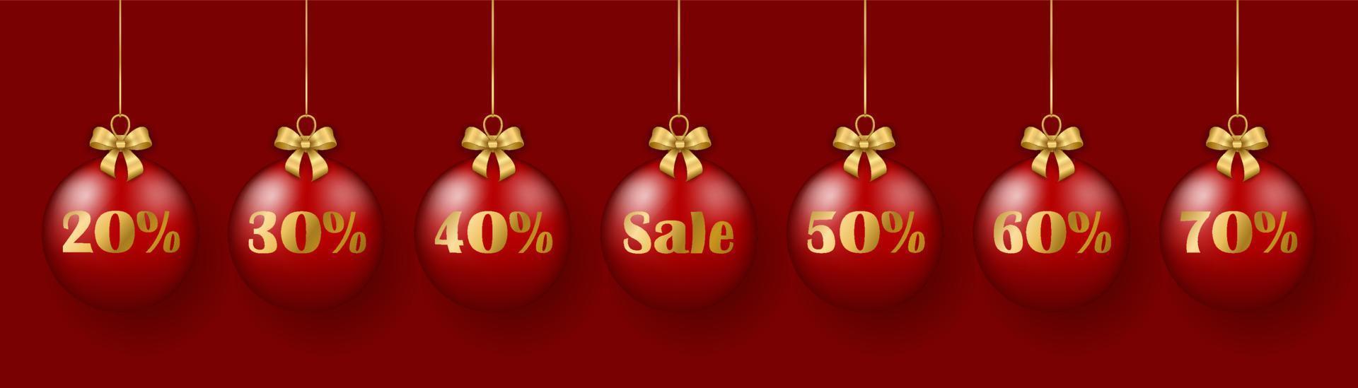 jul och ny år försäljning design element. röd glas bollar med guld försäljning text. 3d tecknad serie vektor