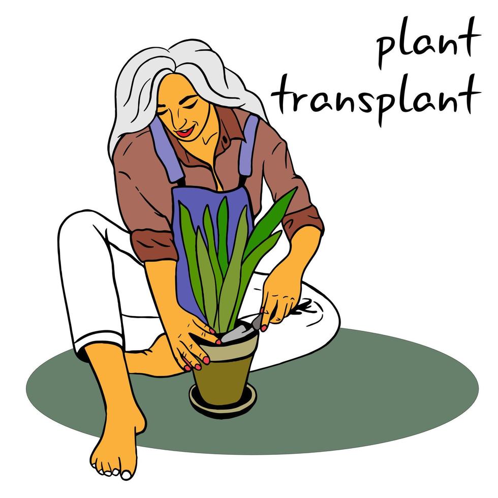 flicka Sammanträde på de golv transplantationer krukväxt använder sig av trädgård verktyg. hus växt vård. flicka trädgårdsmästare i overall. vektor