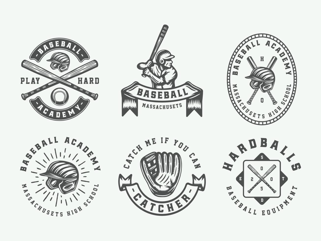 årgång baseboll sport logotyper, emblem, märken, märken, etiketter. svartvit grafisk konst. vektor