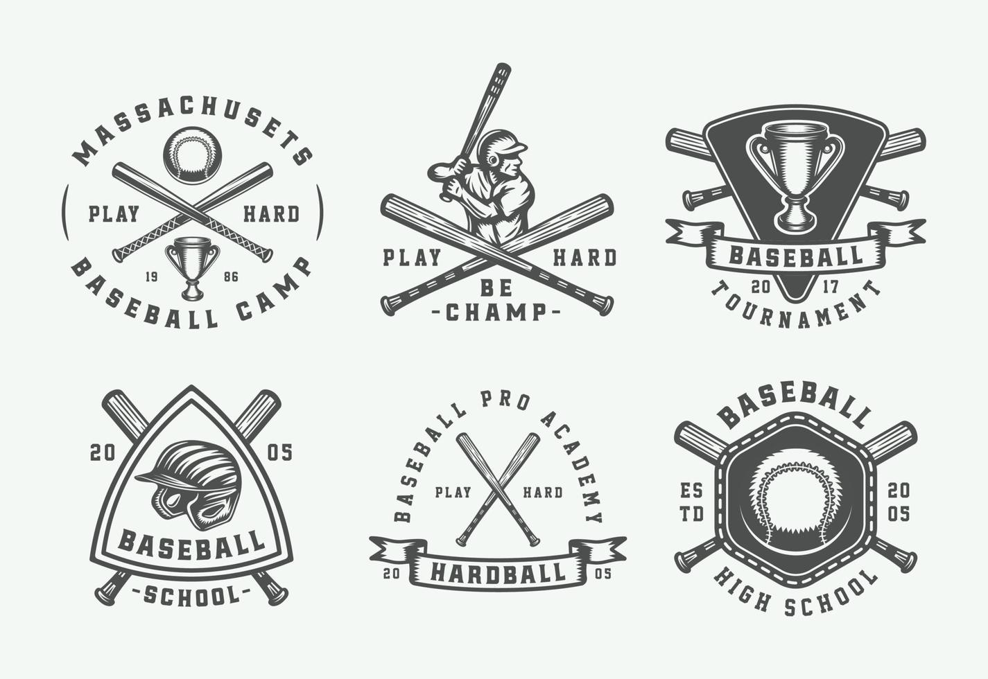årgång baseboll sport logotyper, emblem, märken, märken, etiketter. svartvit grafisk konst. vektor