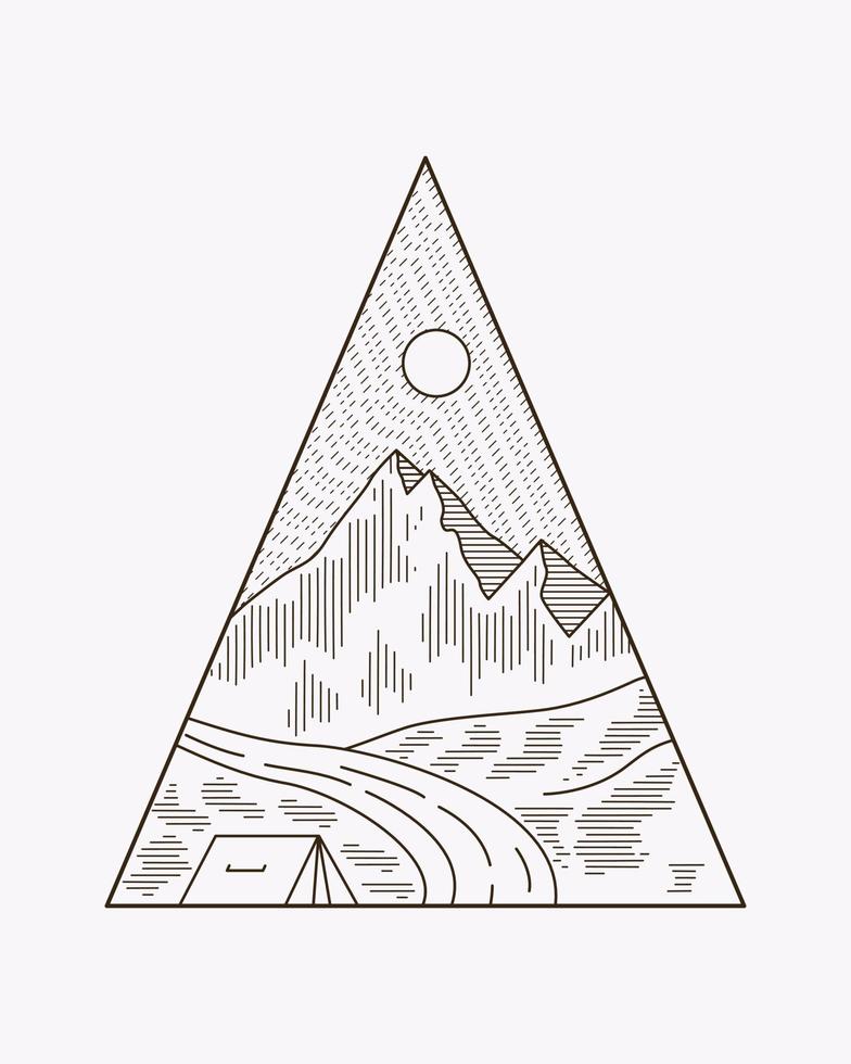 camping på de natur grafisk illustration vektor mono linje konst t-shirt bricka lappa design