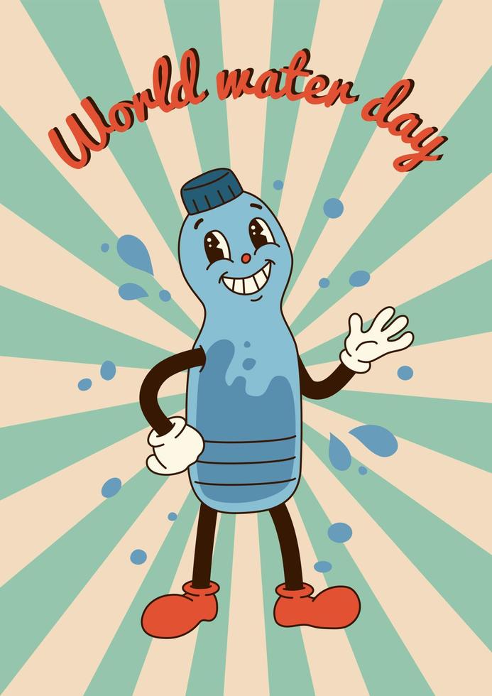 Vertikale Poster mit groovig Charakter Flasche von Wasser im retro Stil von 60er Jahre 70er. Welt Wasser Tag vektor