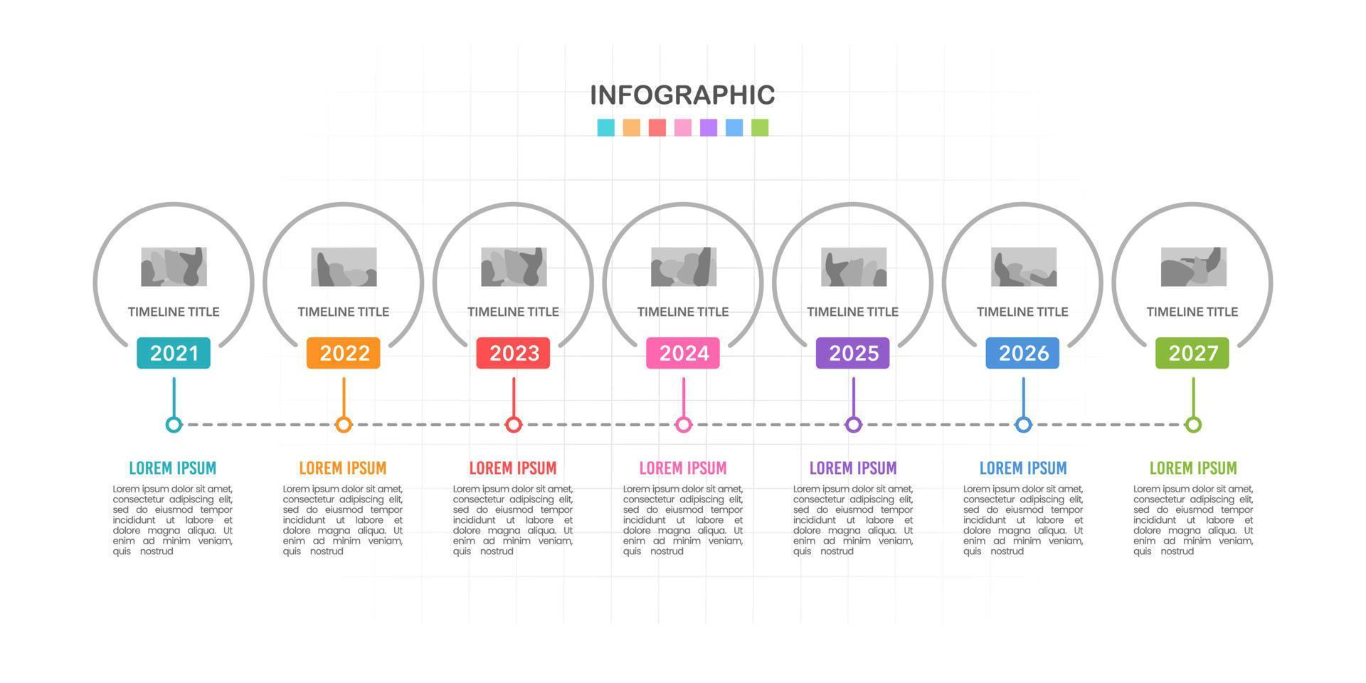 företag infographics med 7 cirklar på tidslinje diagram. milstolpe, årsdag, Rapportera, företag, och data. vektor illustration.