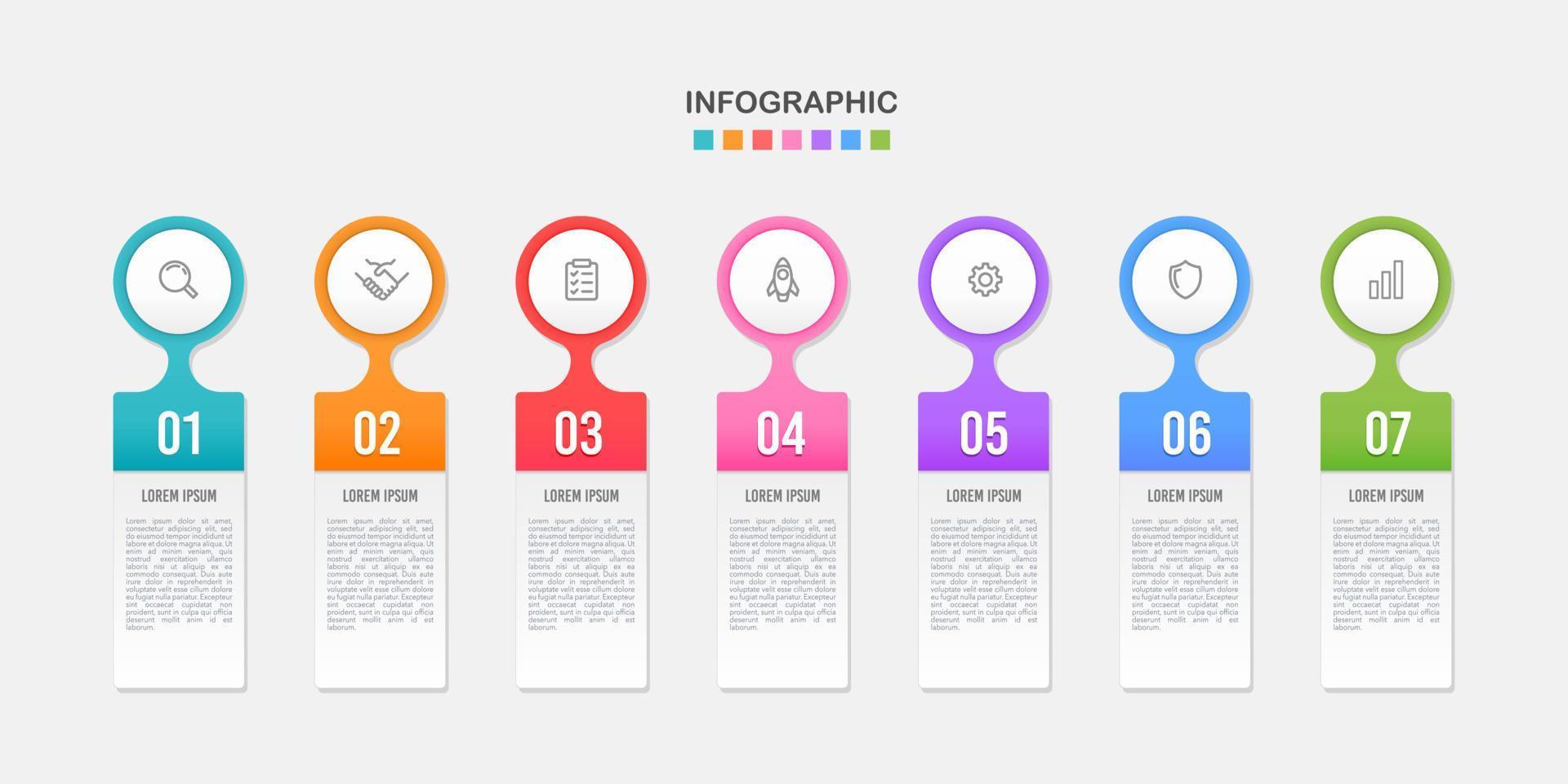 7 Etiketten Infografik Geschäft oder Marketing Planung. Vektor Illustration.