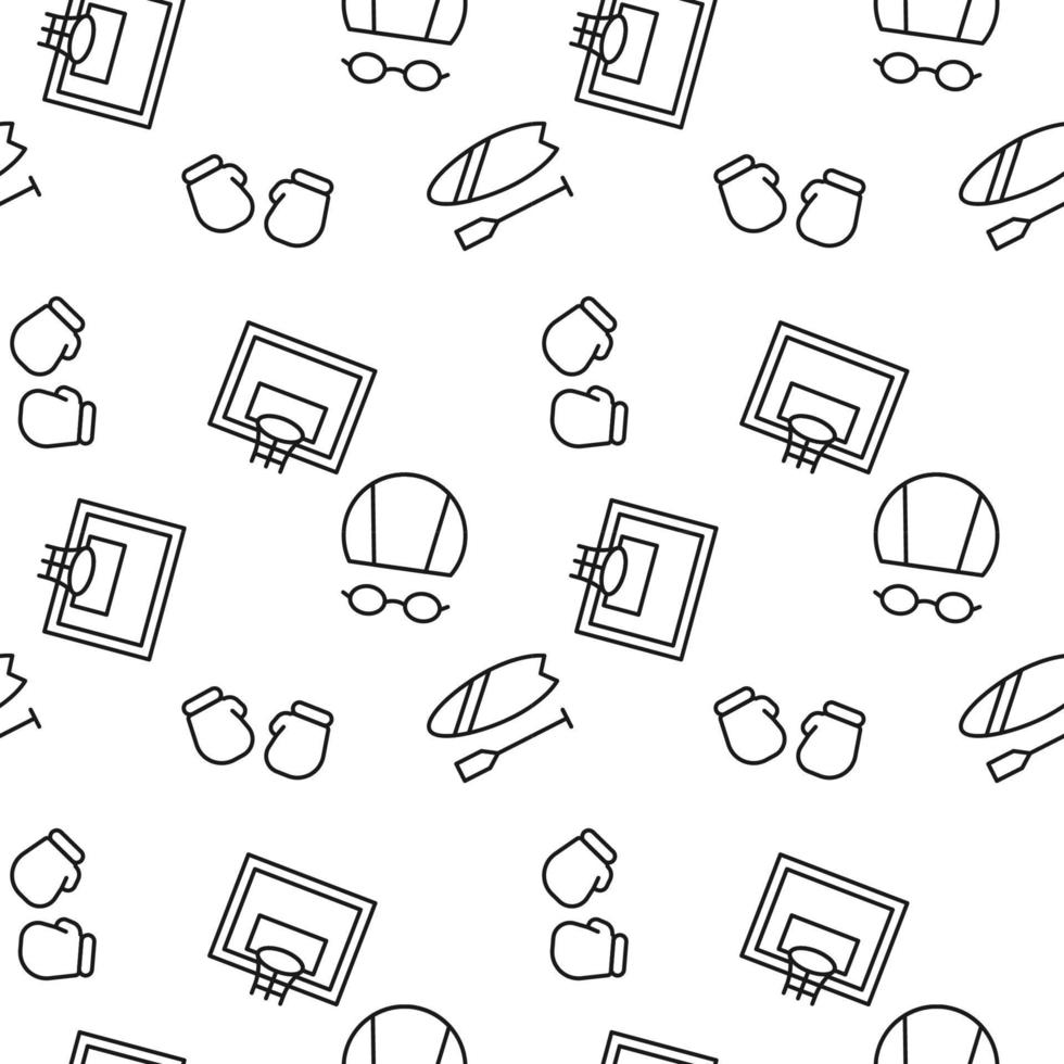 svartvit vektor sömlös mönster av simma keps, basketboll, handskar för låda, kajak för webb webbplatser och polygrafi