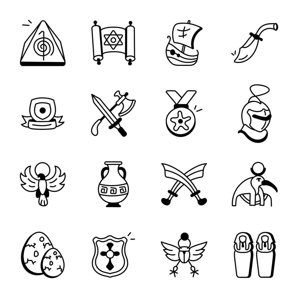 Sammlung von historisch Ausrüstung Symbole im skizzenhaft Stil vektor