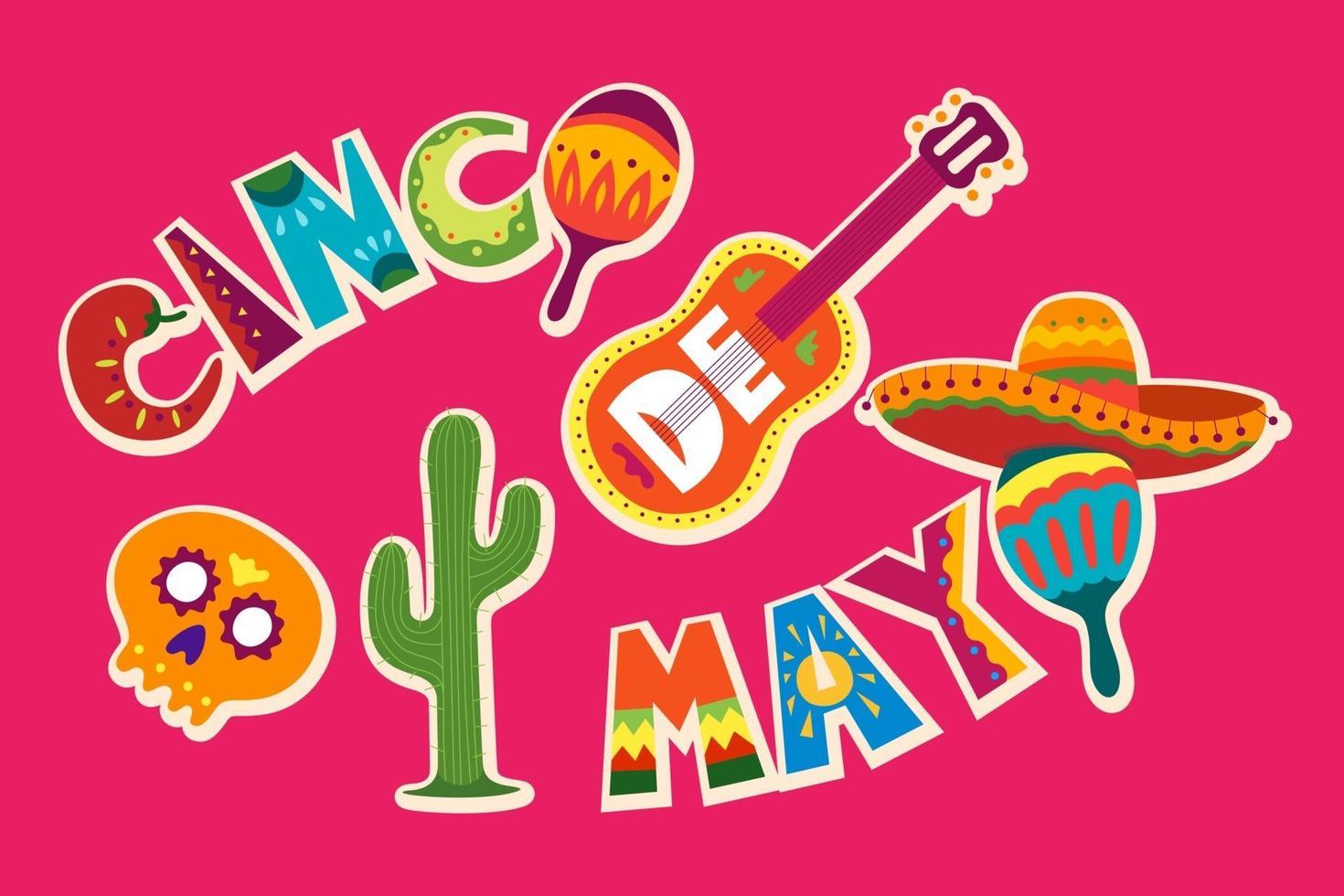 cinco de mayo feier in mexiko. 5. Mai, Lateinamerika Urlaub. bunt, detailliert, viele Objekte Hintergrund. Vektorschablone mit traditionellen mexikanischen Symbolen Schädel, Gitarre, Blumen, roter Pfeffer vektor