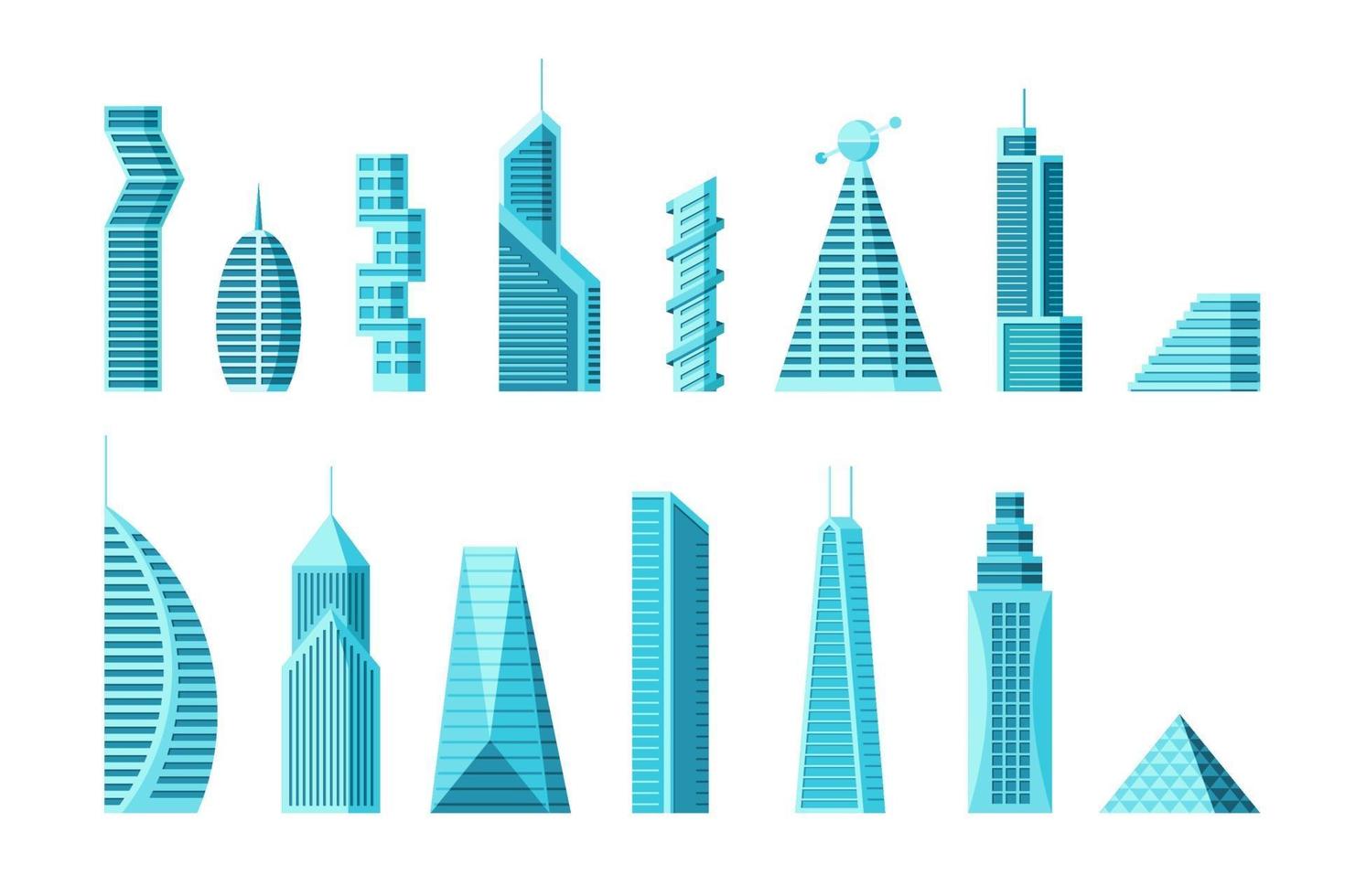 zukünftige Sammlung von Stadtgebäuden und Wolkenkratzerarchitekturen. futuristisches städtisches mehrstöckiges Cyberpunk-Grafik-Stadthaus-Set. Vektor moderne flache Immobilienkonstruktion Illustration