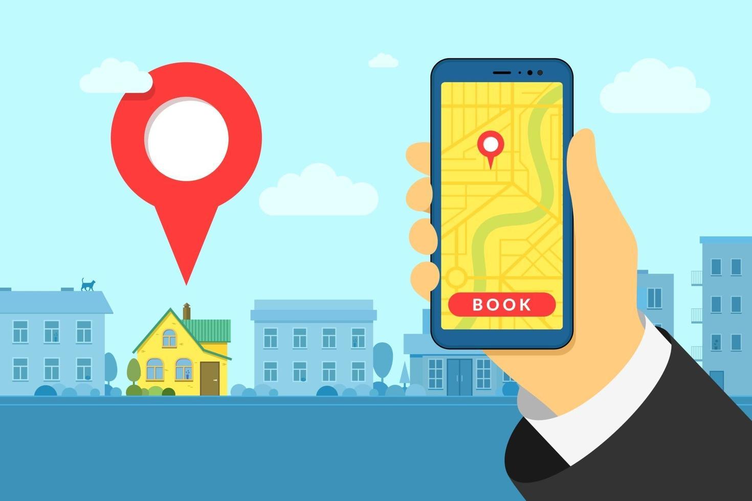 Hand halten Smartphone im Hotel oder Hostel suchen und online buchen. Hausbau Außenlage Pin. Mobile App Suche GPS-Punkt auf Stadtplan und Stadtbild Hintergrund. Vektor-EPS-Illustration vektor