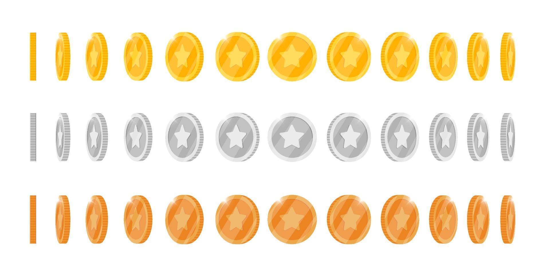 Gold Silber Bronze 3D-Münze drehen verschiedene Position für Spiel oder Apps Animation eingestellt. Bingo Jackpot Casino Poker gewinnen Rotationselemente. Bargeldschatzkonzept isolierte flache EPS-Vektorillustration vektor