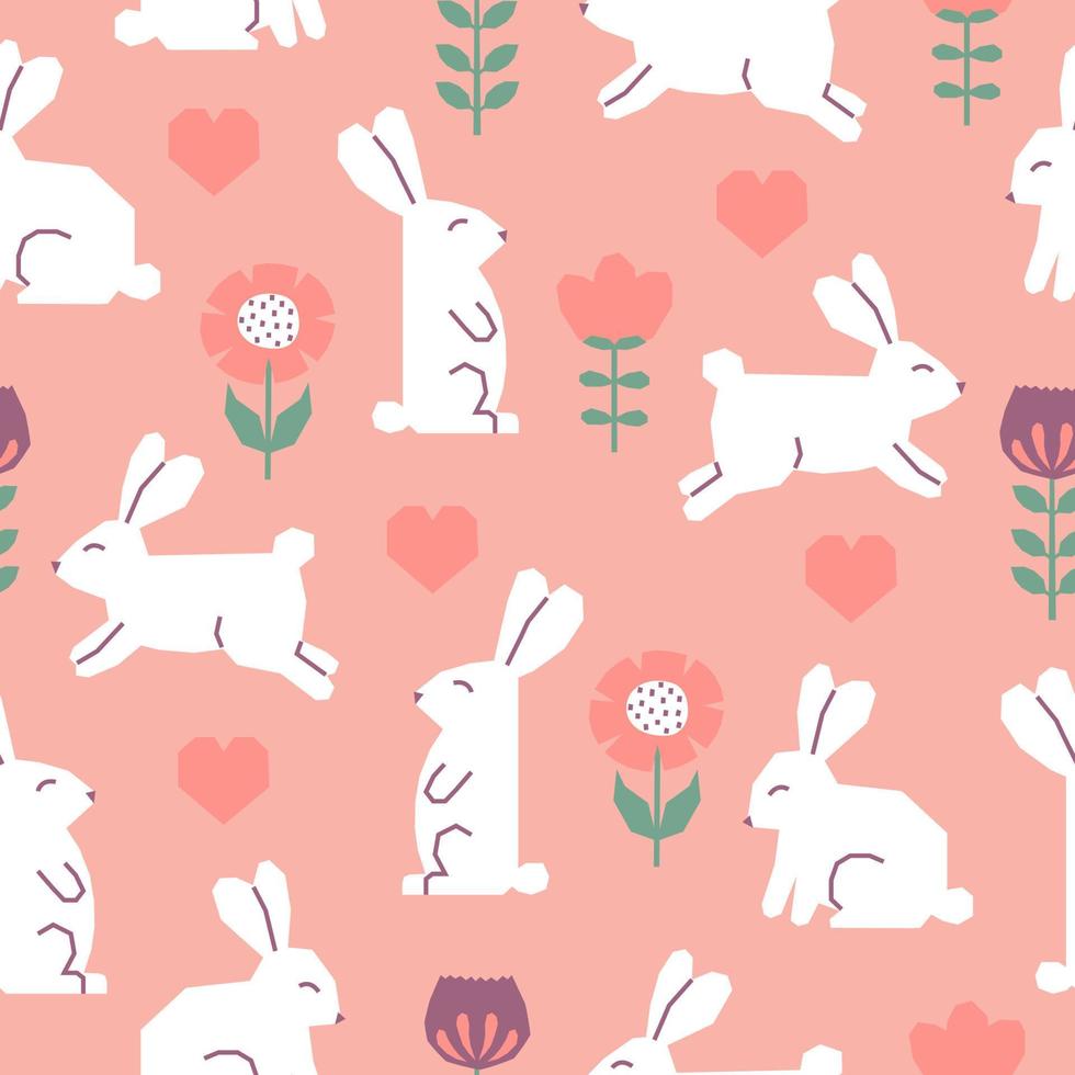 sömlös mönster med påsk kaniner, blommor och hjärtan. Skära ut färgrik element på rosa bakgrund. vektor