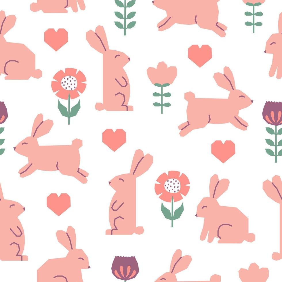 nahtlos Muster mit Ostern Kaninchen, Blumen und Herzen. ausgeschnitten bunt Elemente auf Weiß Hintergrund. vektor