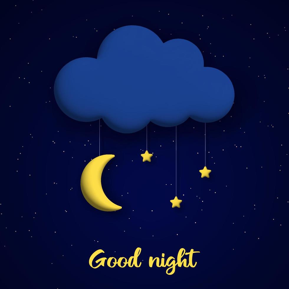 söt Bra natt bakgrund med 3d moln, måne och stjärnor. vektor