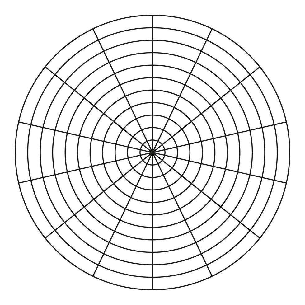 polär rutnät av 14 segment och 10 koncentrisk cirklar. coaching verktyg. hjul av liv mall. cirkel diagram av livsstil balans. vektor tom polär Graf papper.