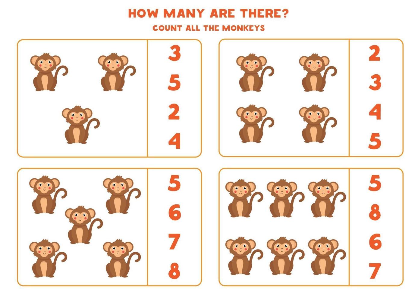 Mathe-Spiel mit niedlichen Affen zählen. vektor