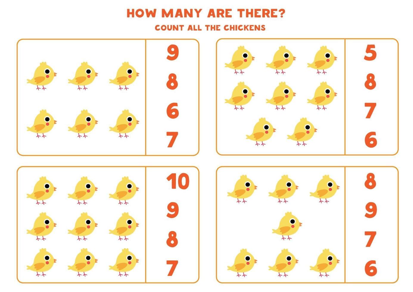 räkna spel för barn. matematikspel med tecknade kycklingar. vektor