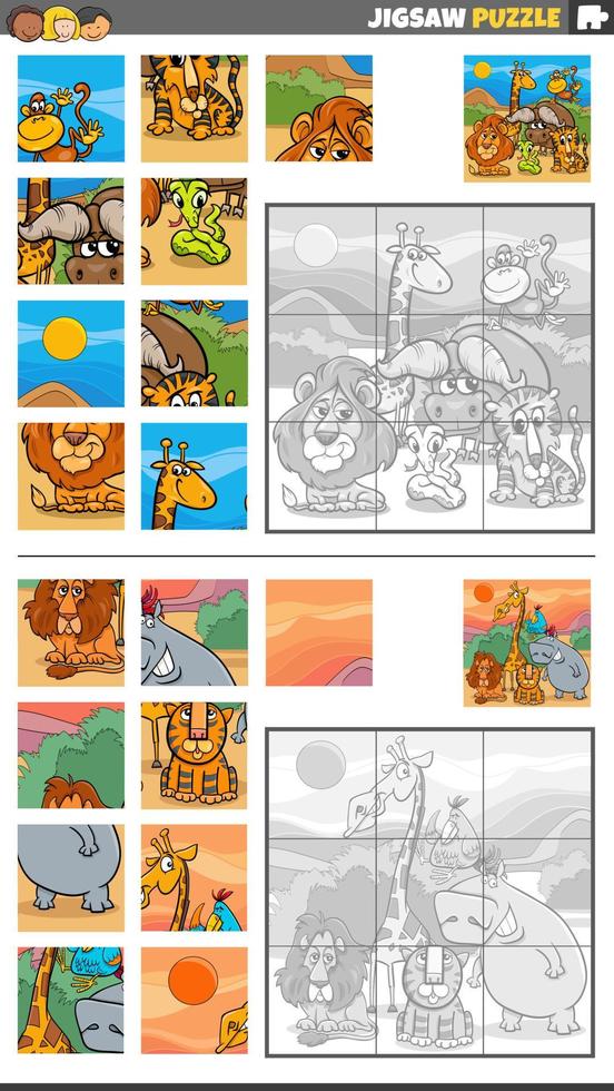 kontursåg pussel spel uppsättning med tecknad serie safari djur vektor